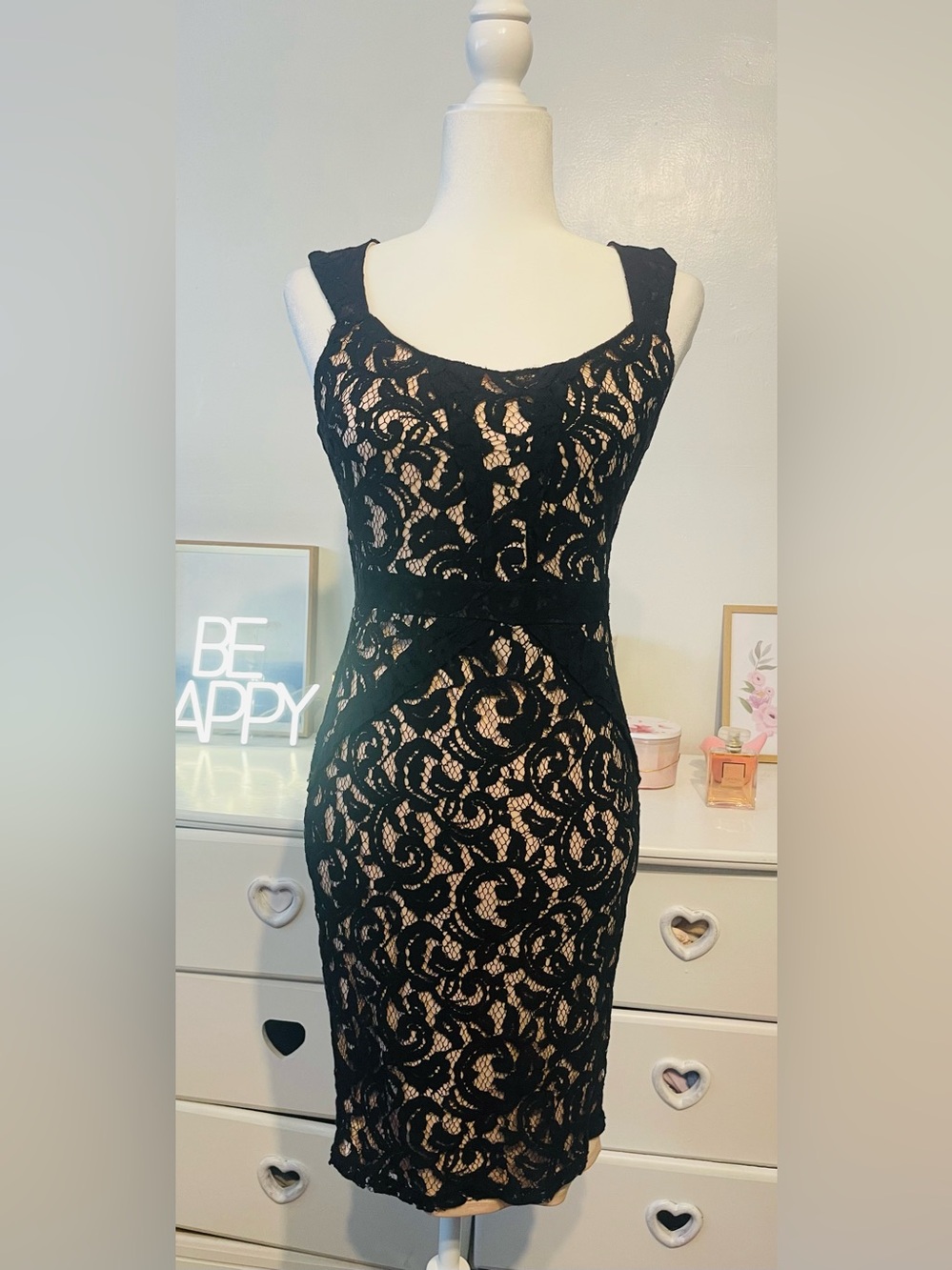 Heart Soul  elegant Black Lace Midi Dress with Nude Lining size M